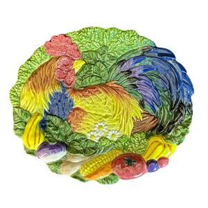 Fitz and Floyd 1996 Vibrant Colorful 'Coq du Village' Majolica Rooster Plate